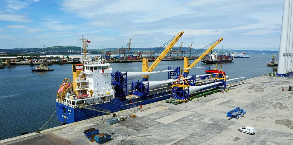 Blades for the 8MW MHI Vestas turbines installed at the 258MW Burbo Bank Extension off northwest England arriving at the pre-assembly site in Belfast, Northern Ireland