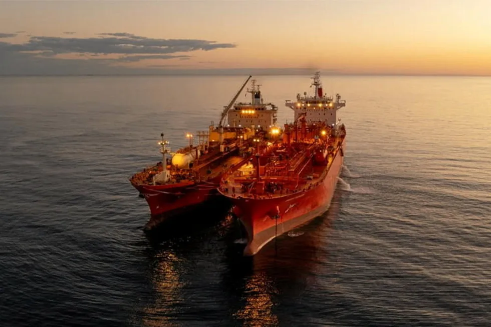 The Navigator Global (left) and Green Pioneer (right) anchored at the outer anchorage of the Port of Dampier, Western Australia, ahead of ammonia transfer.