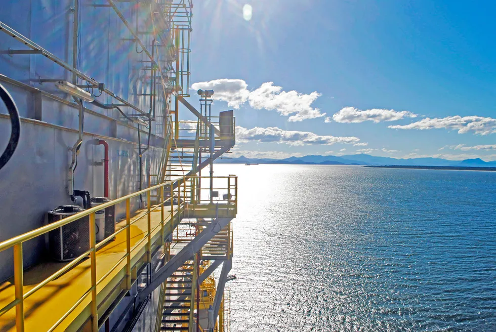 Sunny outlook: the view from the P-76 FPSO at Techint shipyard shows tip of Honey Island and Bay of Paranagua in Brazil