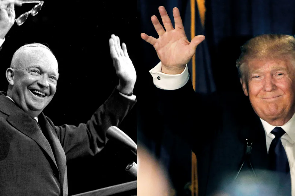 Donald Trump (til høyre) mener Dwight D. Eisenhower var en flott president. Han kan lære noe av Eisenhowers erfaringer fra d-dagen i 1944. Foto: Bert Hardy/Getty Images og Jim Bourg/Reuters/NTB Scanpix
