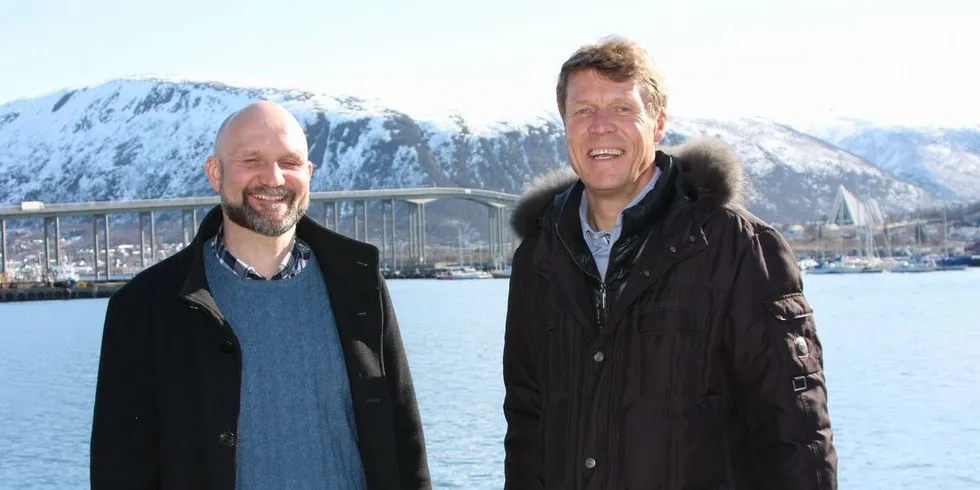 Trond Kostveit (t.h.), Sjømatrådets utsending for Sentral- og Vest-Afrika. Sammen med direktør for markedsadgang og markedsinnsikt, Asbjørn Warvik Rørtveit. Foto: Jørn Mikael Hagen.