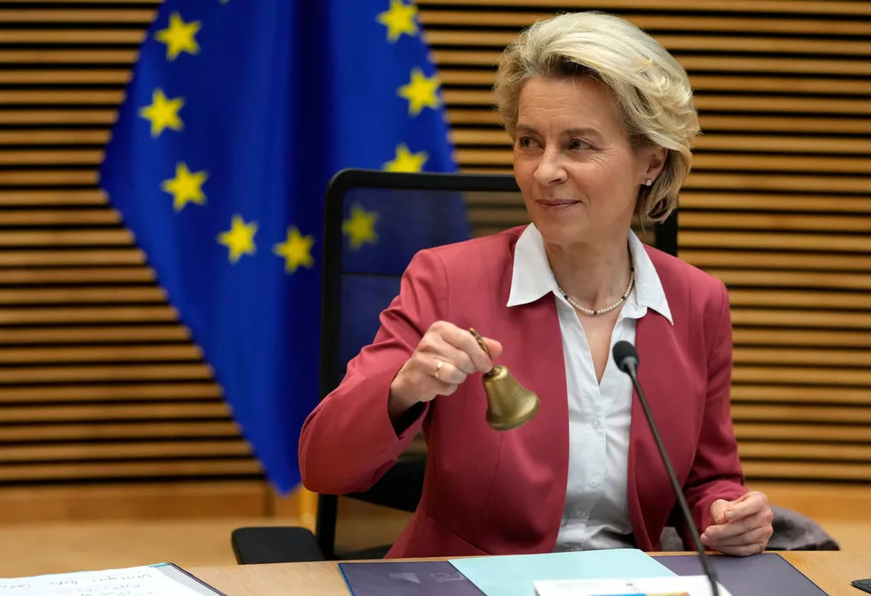 Awakening time: European Commission President Ursula von der Leyen rings a bell to signal the start of a meeting of the College of Commissioners at EU headquarters in Brussels