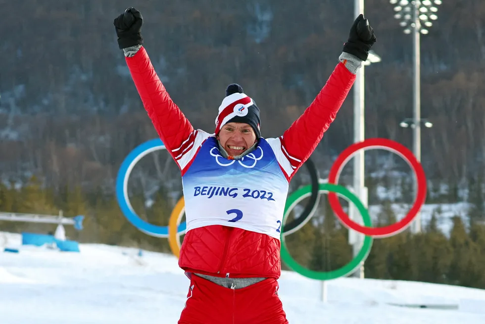 Medal: Alexander Bolshunov celebrates winning gold at the 2022 Beijing Olympics