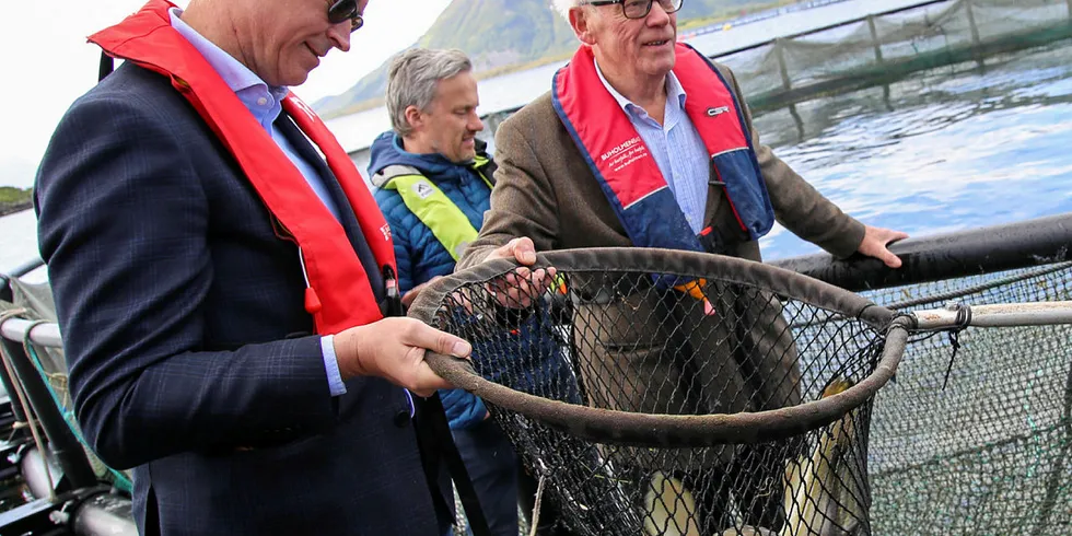 VISITT: Fiskeriminister Odd Emil Ingebrigtsen besøker Gunnar Klo AS sitt anlegg for levendelagring av torsk utenfor Myre. Her sammen med Gunnar Jarl Klo og Frank Pedersen (til høyre).