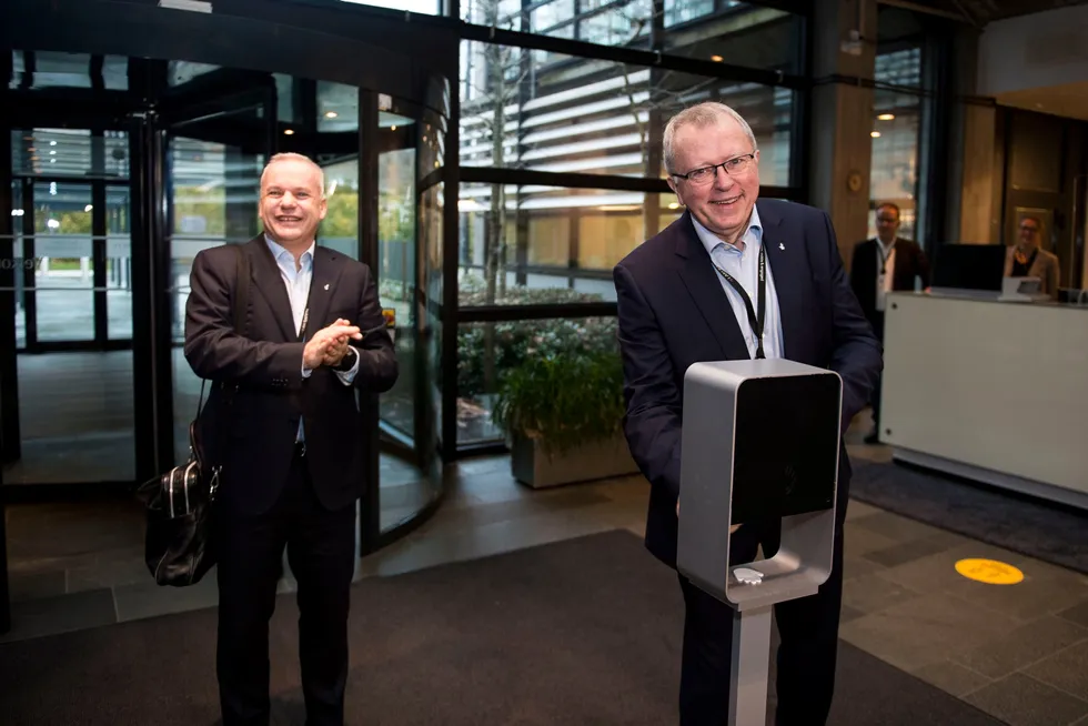 Winds of change: Equinor's chief executive Anders Opedal (left) announced increased ambitions for renewable energy when he took over the helms from Eldar Saetre (right) in November last year