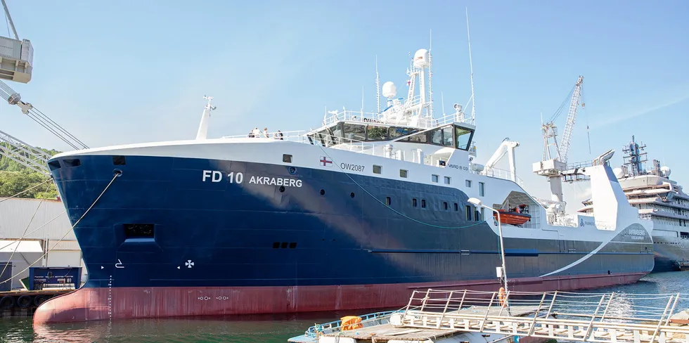 Nye «Akraberg» fra Fuglafjord Færøyene døpes i Ålesund i dag.