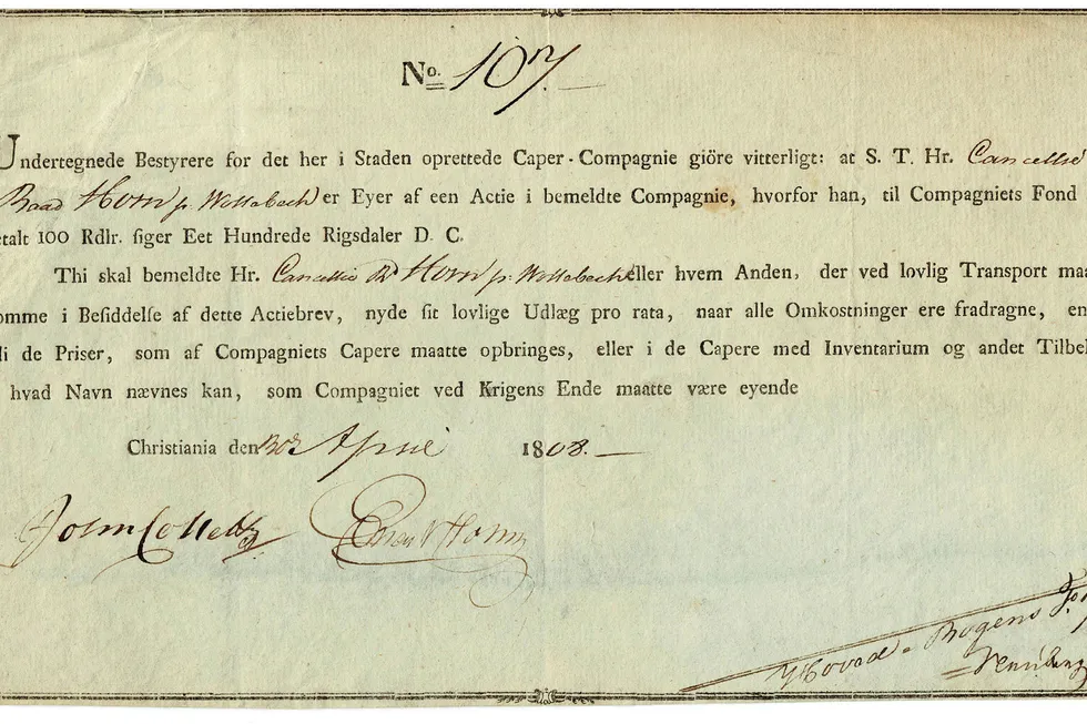 Dette aksjebrevet i Caper-Compagnie fra 1808 ble lørdag solgt for 73.600 kroner. Det er ny rekord for et gammelt, og i utgangspunktet forlengst verdiløst, aksjebrev.
