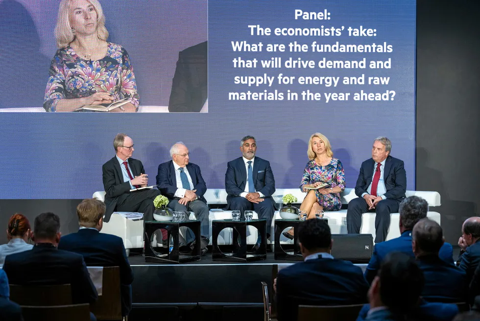 From right, Christof Ruhl, adjunct senior researcher at the Center for Global Energy Policy at Columbia University; Beata Javorcik, chief economist at the European bank of reconstruction and development; and Saad Rahim, chief economist at Trafigura.