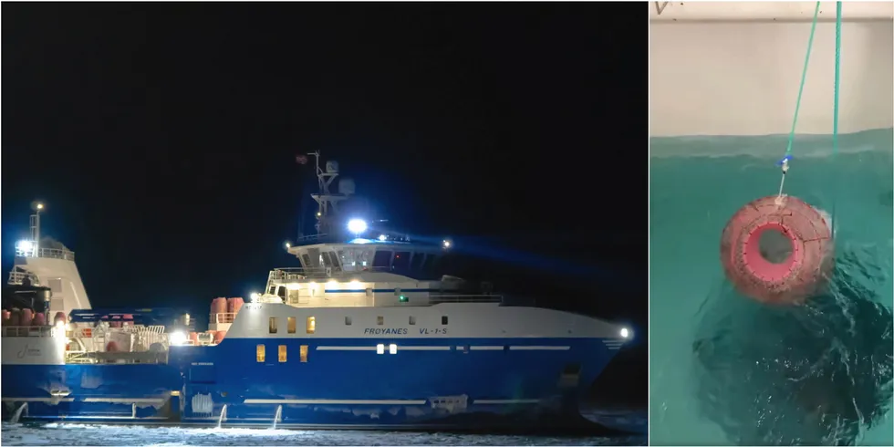 «Frøyanes» drar teiner med snøkrabbe om bord i båten gjennom en moonpool.