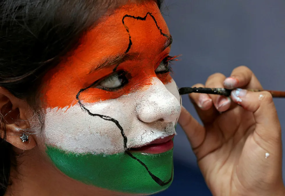 Flag day: a girl gets her face painted in the colours of India's national flag