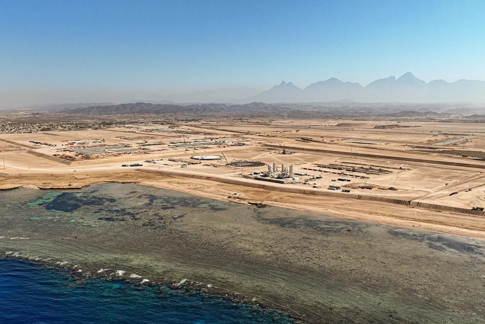 An aerial shot of construction underway at the Neom green hydrogen and ammonia complex in Saudi Arabia.