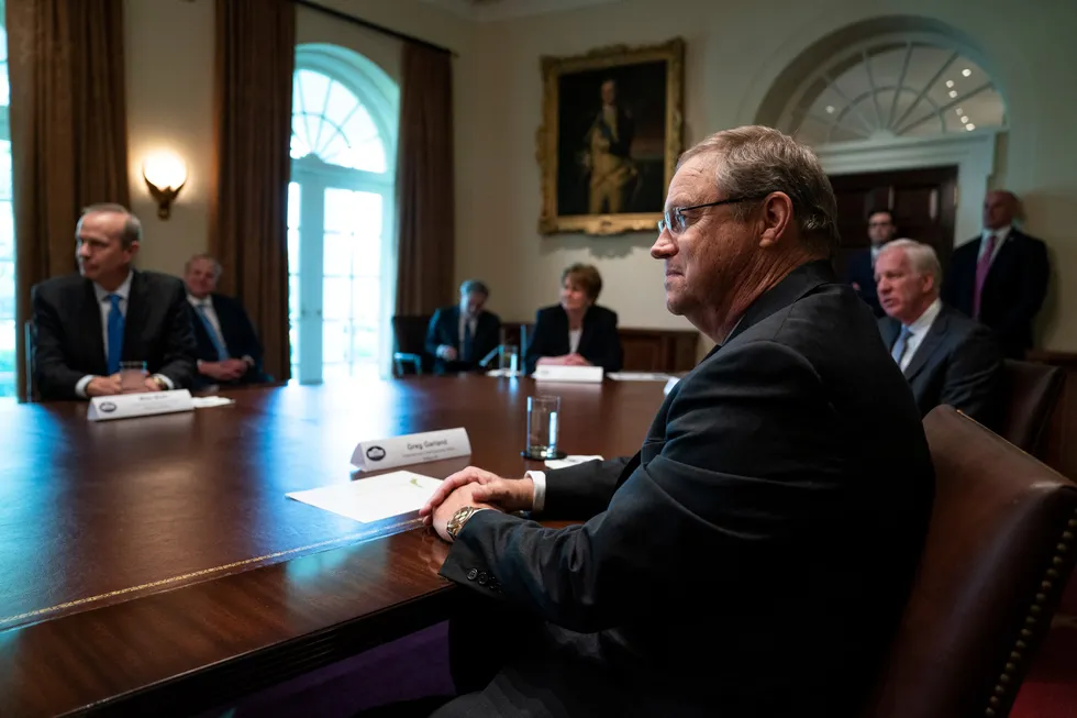 Departure: former Phillips 66 chief executive Greg Garland listens as then-US President Donald Trump speaks during a meeting with energy sector business leaders in the Cabinet Room of the White House in April 2020.