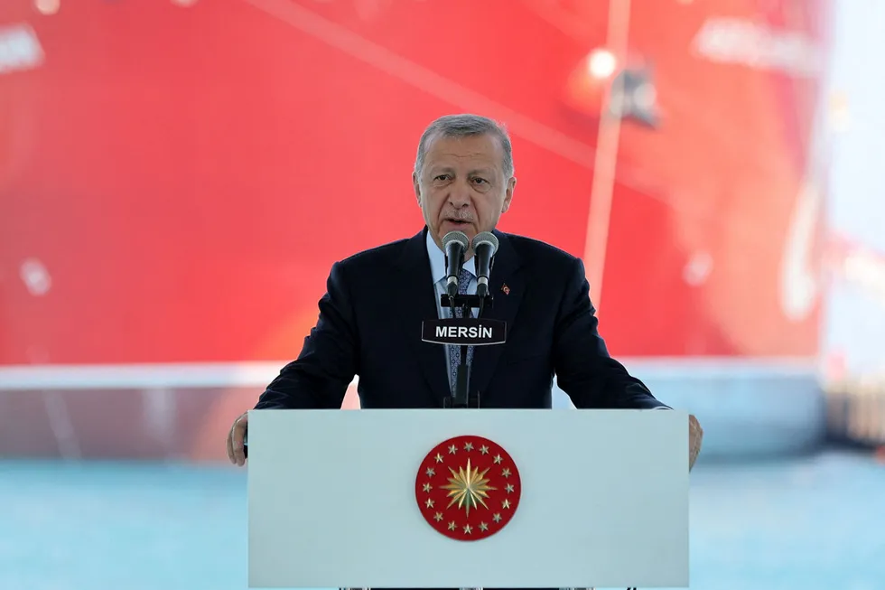 Turkey’s President Recep Erdogan at a ceremony in Mersin for the sailaway of drillship Abdulhamid Han in 2022.