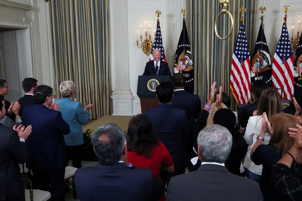 Signed: US President Joe Biden at a White House signing ceremony for The Inflation Reduction Act of 2022.