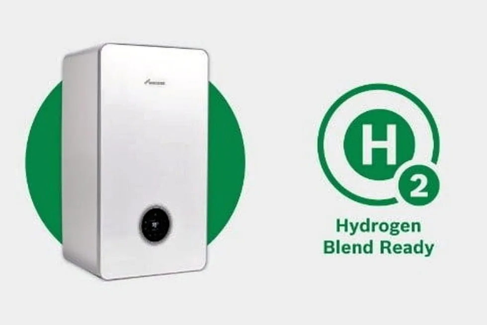 Marketing material for a Worcester Bosch gas boiler, with 'hydrogen-blend-ready' labelling attached