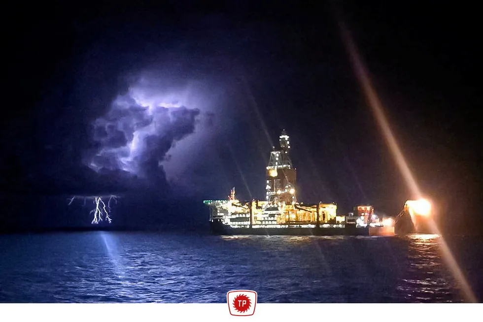 Lighting up: Turkish Petroleum's Fatih drillship - shown here drilling the Turkali-2 appraisal well in the Black Sea - is now drilling a delineation probe on the Amasra gas find some 40 kilometres away.