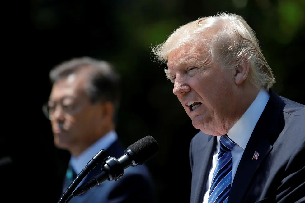 Den amerikanske presidenten Donald Trump og Sør-Koreas president Moon Jae-in møttes i Washington DC fredag. REUTERS/Carlos Barria Foto: CARLOS BARRIA/Reuters/NTB Scanpix.