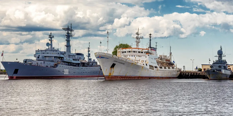 Russian warships and the Admiral Vladimirsky in Kronstadt .