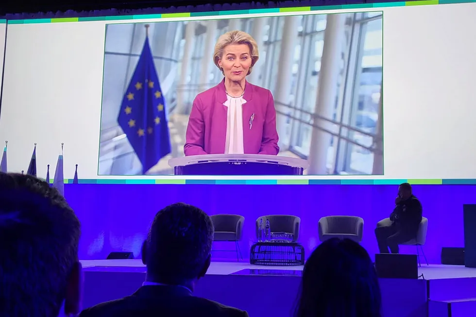 Ursula von der Leyen delivering a video message to last week's European Hydrogen Week conference in Brussels.