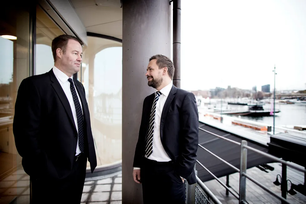 Danske Banks leder i Norge, Trond F. Mellingsæter og nyutnevnt CDO (Sjef for digital utvikling) Knut Wangen (til høyre) vil gi bedrifter lån på dagen. Foto: Ida von Hanno Bast