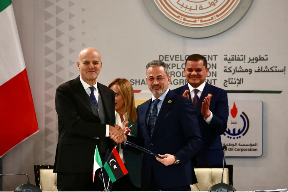 Tender process: Eni chief executive Claudio Descalzi (left) and NOC chief executive Farhat Bengdara shaking hands in Tripoli, Libya in January 2023.