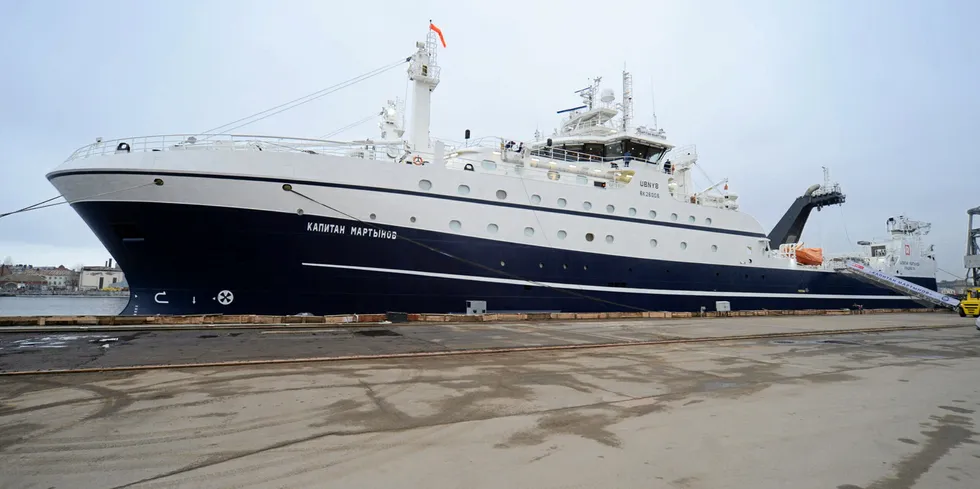Kapitan Martynov, the fourth of 10 supertrawlers being constructed in St. Petersburg's Admiralty Shipyards for Russian Fishery Company.