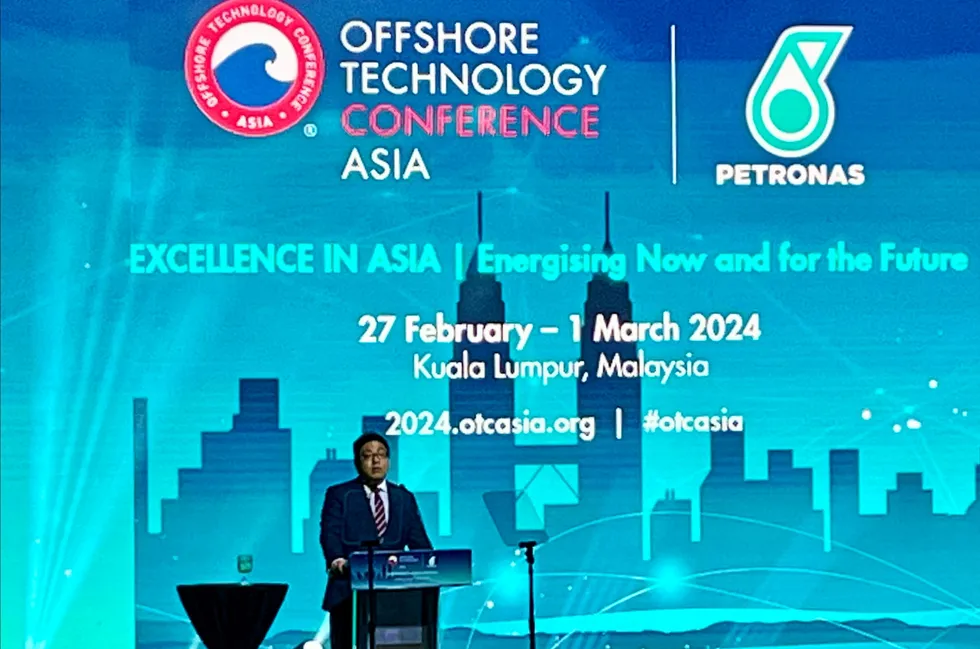 Petronas chief executive Tengku Muhammad Taufik delivers a keynote address at OTC Asia 2024 in Kuala Lumpur, Malaysia.