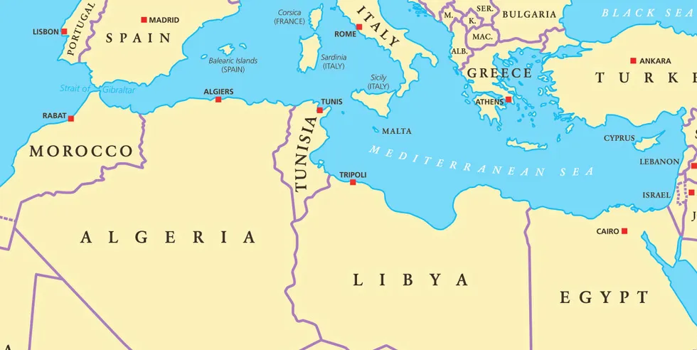 Map of North Africa and Southern Europe.
