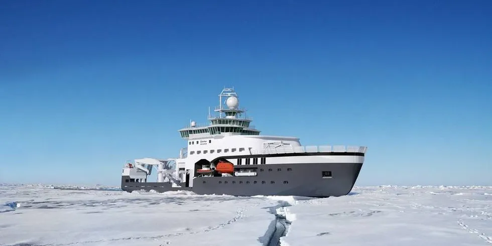 Forskningsfartøyet "Kronprins Haakon", som er designet av Rolls Royce, er ti måneder forsinket fra verftet. Illustrasjon: Rolls Royce