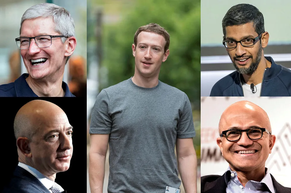 Disse fem: Tim Cook i Apple, Mark Zuckerberg i Facebook, Satya Nadella i Microsoft, Jeff Bezos i Amazon og Sundar Pichai i Google og Alphabet prises nå til fem ganger Oljefondet.