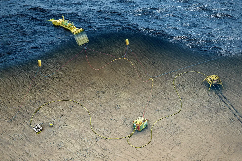 Layout: A rendering of the wave energy for subsea power system with the Blue X wave energy device, Halo power and communications system, and a resident inspection robot.