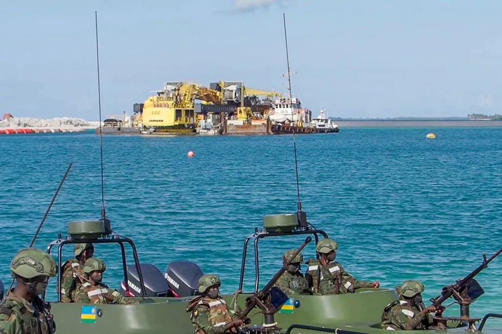At sea: Rwandan troops patrol Mocimboa da Praia harbour in Mozambique after retaking the port from Islamist militants