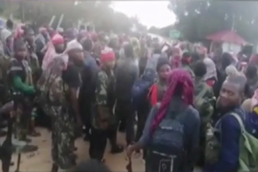 Insurgents: An image taken from a video released by the Islamic State group on 29 March, 2021, purporting to show fighters near Palma, Mozambique.