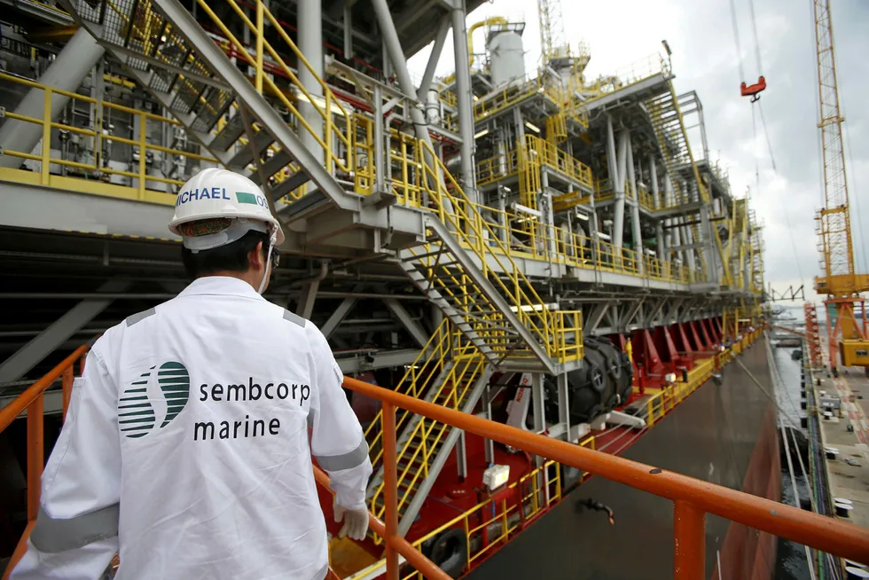 Ready to begin work: a Sembcorp Marine employee at Jurong Shipyard in Singapore