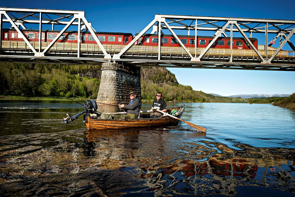 Ta toget og få fisk. På Bertnem bro utenfor Øysletta i Nord-Trøndelag finnes denne arkitektoniske merkverdigheten over den sugende, mørke kjempen Namsen: tre gamle togvogner som rett og slett er en laksecamp.