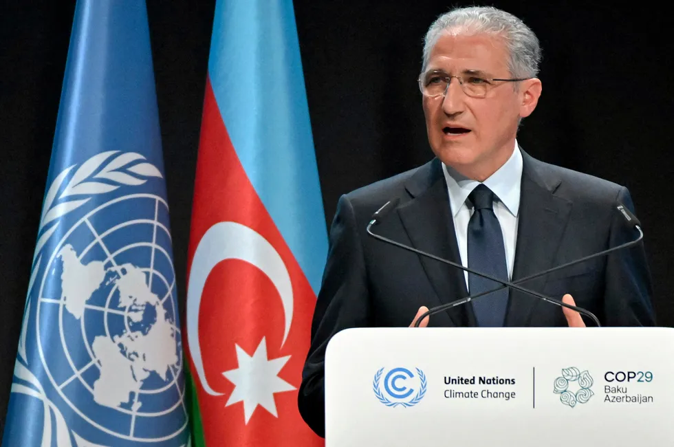 COP29 president (and Azerbaijani national resources minister) Mukhtar Babayev speaking at the opening of the 2024 United Nations Climate Change Conference (COP29) in Baku on Monday 11 November.