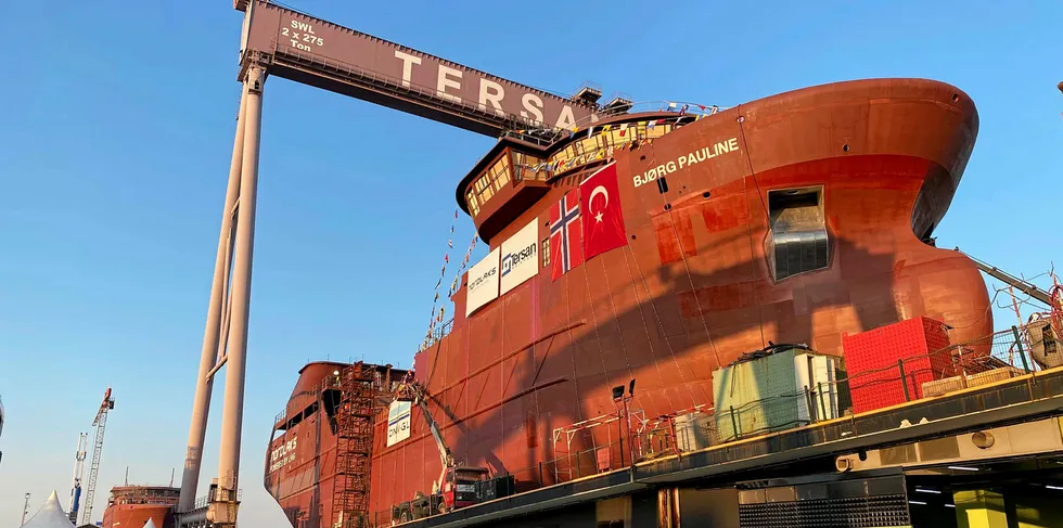 «Bjørg Pauline» dagen før sjøsetting ved verftet Tersan Ship Yard i Tyrkia.