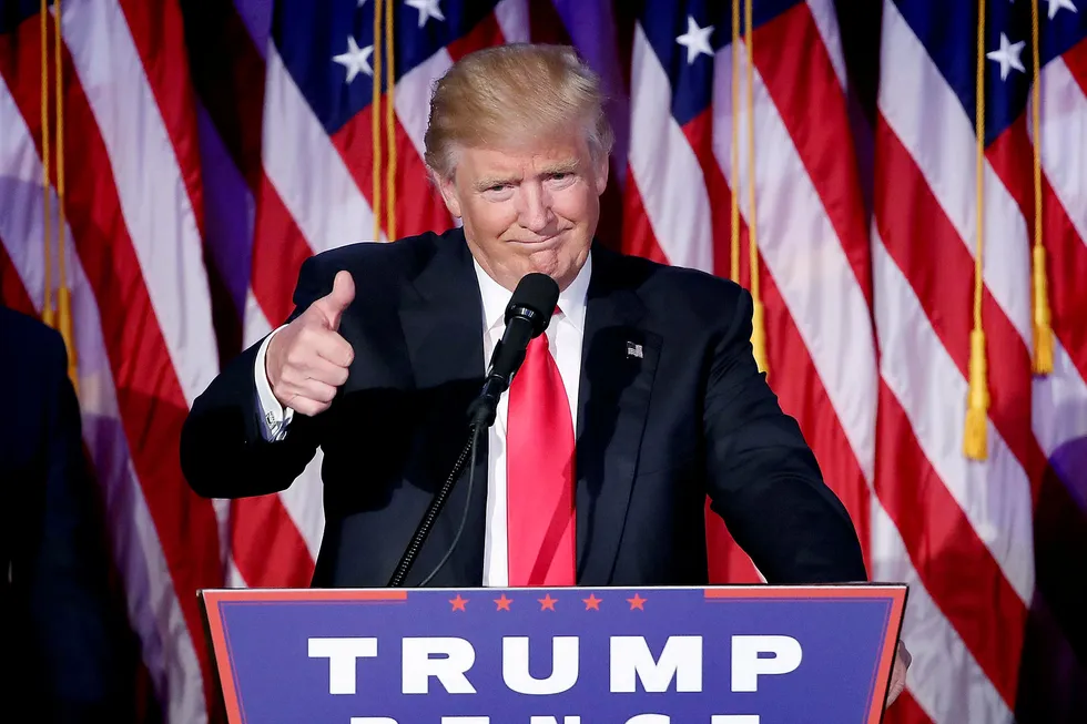 Donald Trump holder sin første tale etter at det ble klart at han ble valgt til USAs neste president. Foto: MARK WILSON/Getty Images/AFP/NTB Scanpix