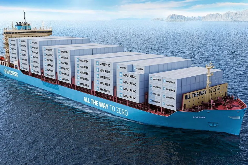 AP Moller Maersk design impression of its first green methanol dual-fuel powered vessel feeder container ships. The vessels are on order at Hyundai Mipo Dockyard.