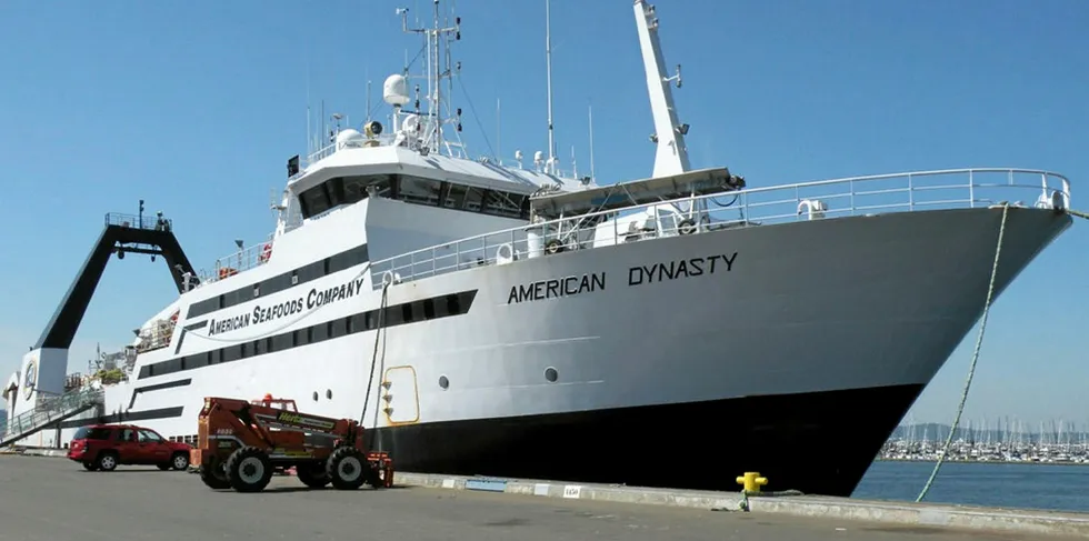 American Seafoods' Alaska pollock trawler American Dynasty. A crewmember aboard the vessel has tested positive for COVID-19.