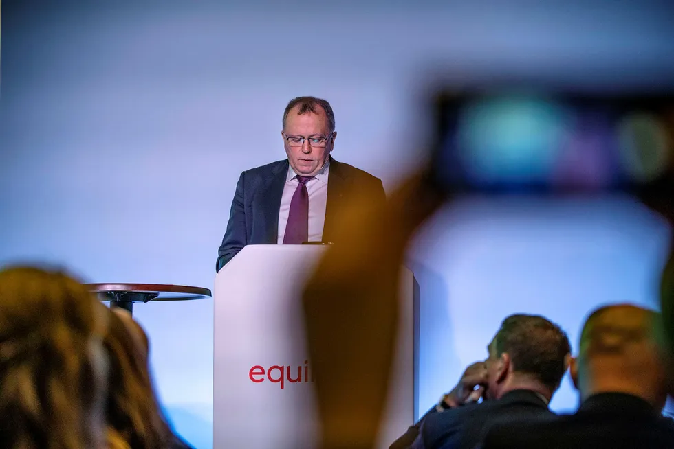 Equinors konsernsjef Eldar Sætre under sin åpningstale på selskapets kapitalmarkedsdag i London torsdag.