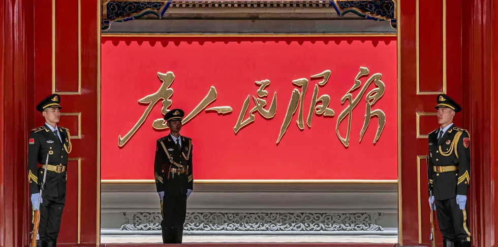People's Liberation Army (PLA) soldiers stand guard at the entrance to the Zhongnanhai leadership compound in Beijing on May 18, 2020. - The annual meeting of the National Peoples Congress, Chinas rubber stamp legislature, opens on May 22, after a two month delay due to the outbreak of the COVID-19 coronavirus pandemic.