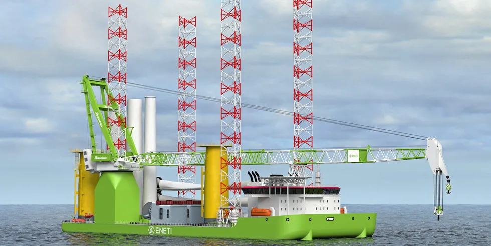 A rendering of the Eneti Mistral wind turbine installation vessel.