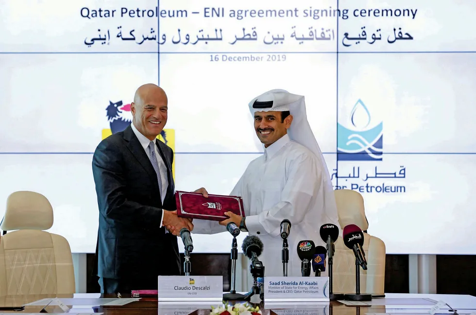 Signing ceremony: Eni chief executive Claudio Descalzi and Qatar Petroleum chief executive Saad Sherida Al-Kaabi