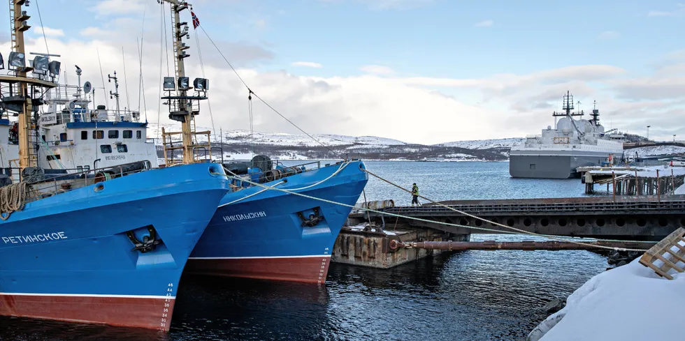 Russiske fiskefartøy har fremdeles tilgang havnen her i Kirkenes, men russiske myndigheter ønsker også å gå til Harstad for vedlikehold og reparasjon. Til høyre ligger det norske spionskipet «F/S Eger» som nå har fått ny hjemmehavn i Harstad.