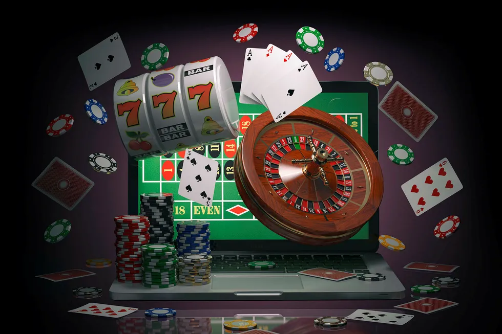 Online casino concept. Laptop with roulette, slot machine, casino chips and playing cards isolated on black background. 3d illustration ---