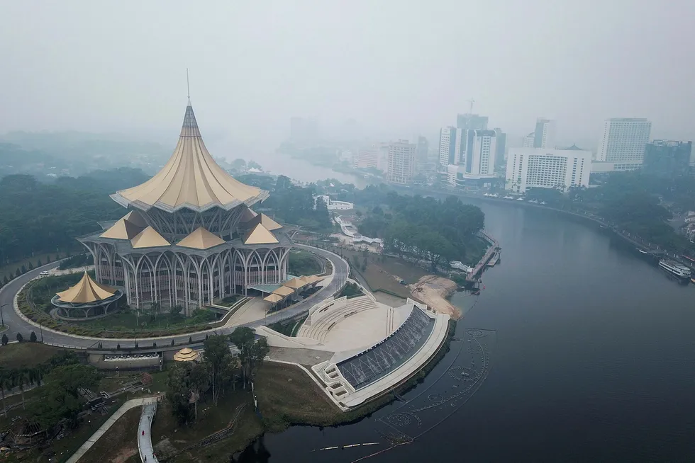 Assertive: haze shrouds an ariel view around Sarawak Legislative Assembly building in Kuching, the capital of Sarawak state on the island of Borneo