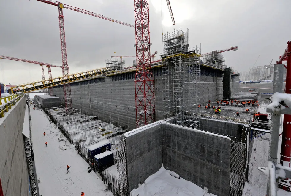 Full steam ahead: construction works on a concrete gravity base foundation for the Novatek-led Arctic LNG 2 project at a yard near Murmansk in Russia