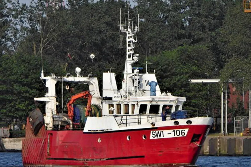 All action: the Polish fishing trawler SWI-106, accused by Nord Stream 2 of attempting to sink its pipelay barge, seen here in its home port of Swinoujscie in Poland