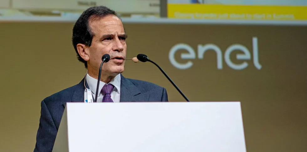 Eurogas president Didier Holleaux speaking at the closing session of the Enlit Europe conference in Milan. (Enel was an event sponsor, with no connection to Holleaux).